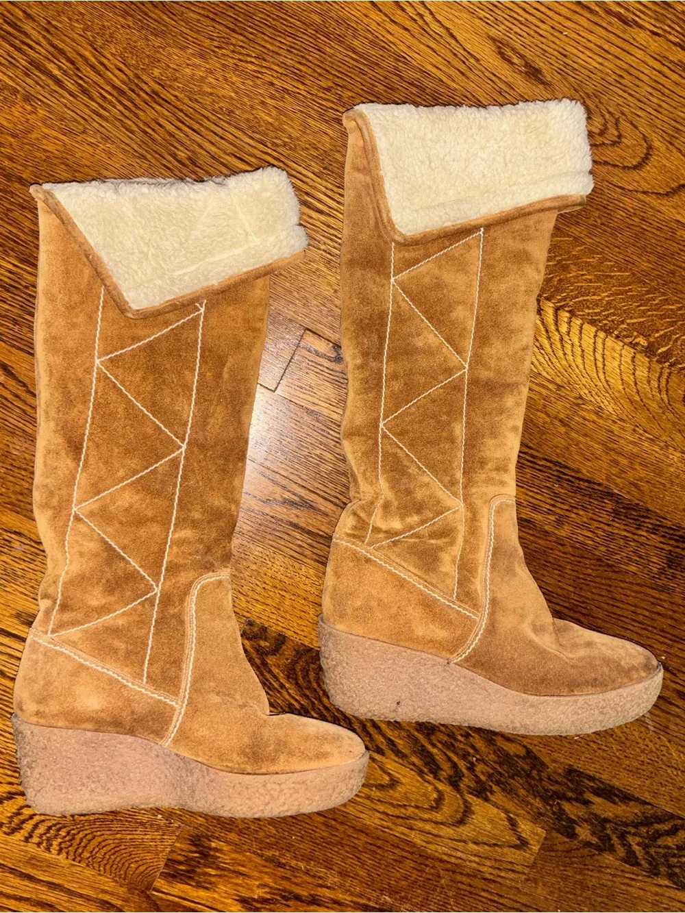 Michael Kors Crosby Vintage Y2K Suede Shearling Wedge 7 Boots Brown Winter Shoes